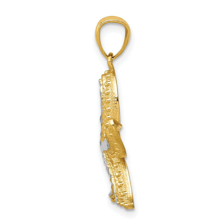 14K Yellow Gold, White Rhodium Solid Open Back Diamond Cut Texture Polished Finish Starfish Charm Pendant