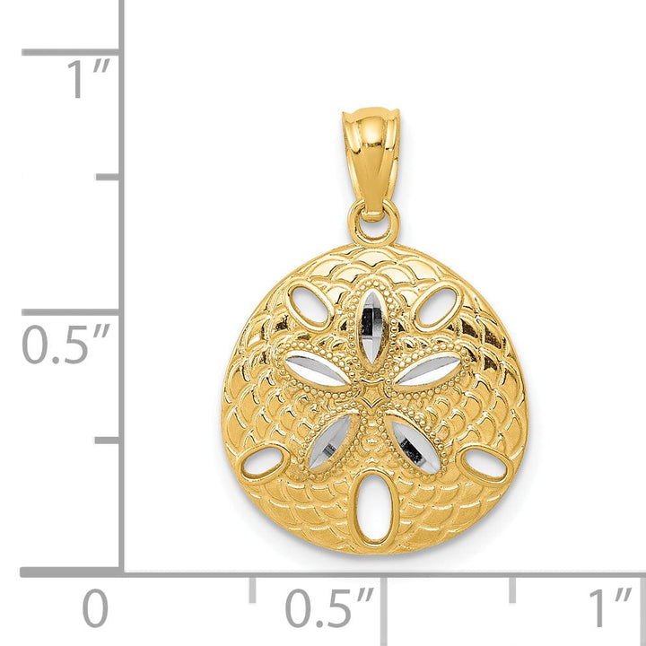 14k Yellow Gold, White Rhodium Solid Open Back Satin Diamond Cut Finish Sea Sand Dollar Charm Pendant