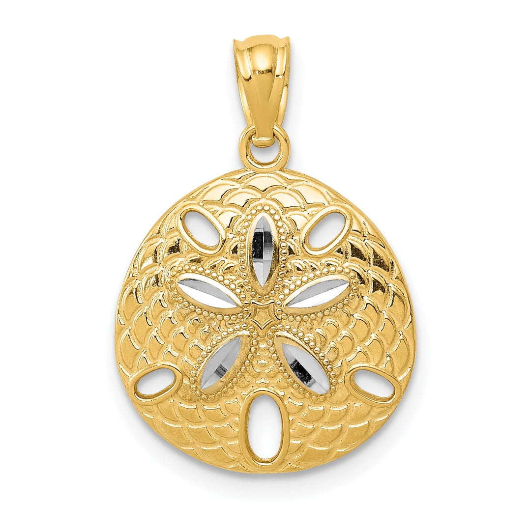 14k Yellow Gold, White Rhodium Solid Open Back Satin Diamond Cut Finish Sea Sand Dollar Charm Pendant