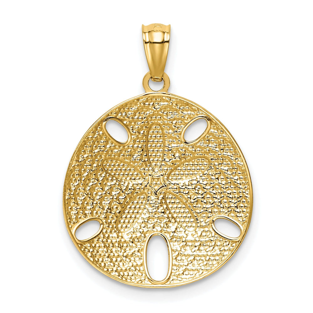 14k Yellow Gold, White Rhodium Solid Open Back Polished Diamond Cut Finish Sea Sand Dollar Charm Pendant