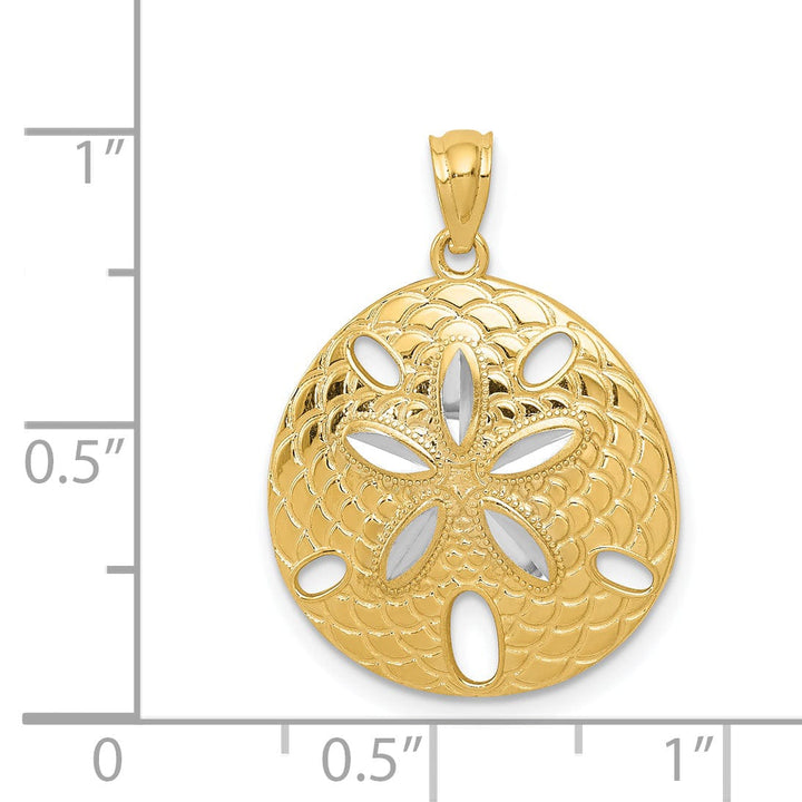 14k Yellow Gold, White Rhodium Solid Open Back Polished Diamond Cut Finish Sea Sand Dollar Charm Pendant