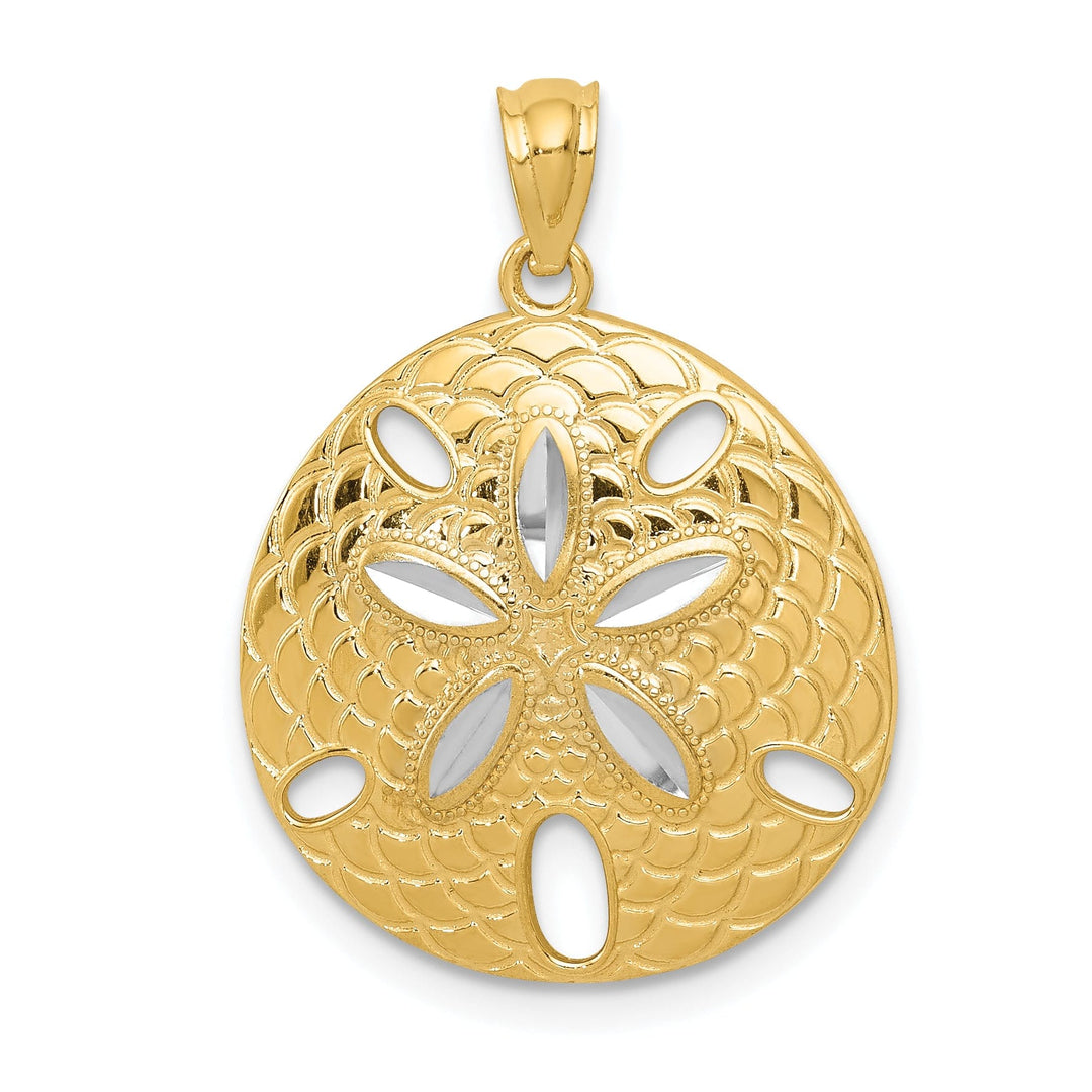 14k Yellow Gold, White Rhodium Solid Open Back Polished Diamond Cut Finish Sea Sand Dollar Charm Pendant