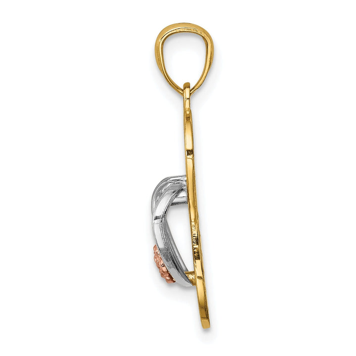 14K Yellow Rose Gold, White Rhodium Solid Textured Polished Finish Single Sandal with Flower Design Charm Pendant