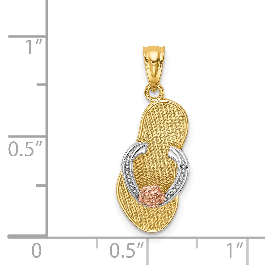 14K Yellow Rose Gold, White Rhodium Solid Textured Polished Finish Single Sandal with Flower Design Charm Pendant