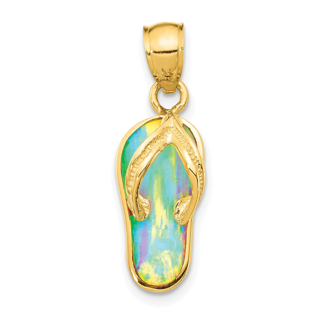 14k Yellow Gold Solid Texture Polished Finish with Created White Opal 3-Dimensional Flip Flop Sandle Charm Pendant