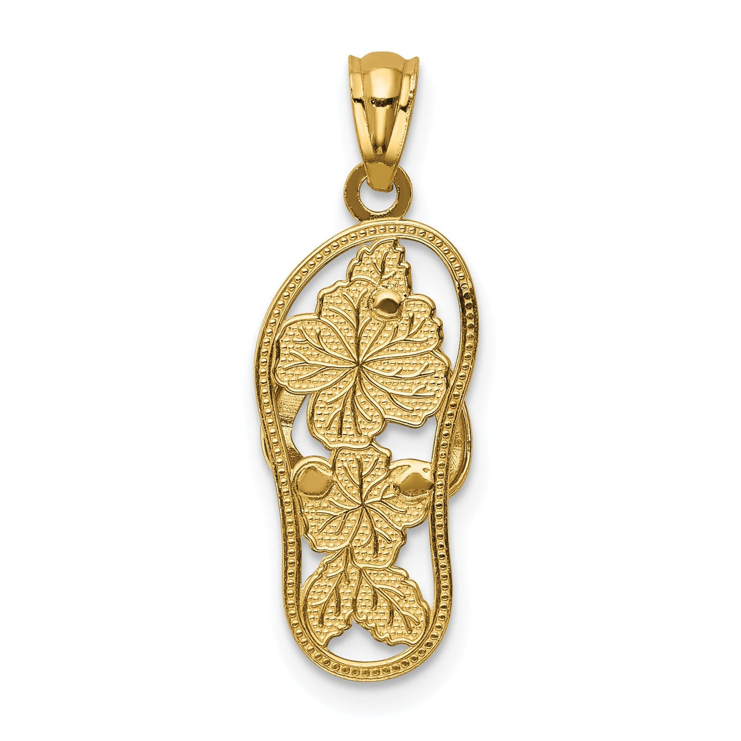 14k Yellow Gold, White Rhodium Polished Textured Finish Floral Design Single Flip Flop Sandle Charm Pendant