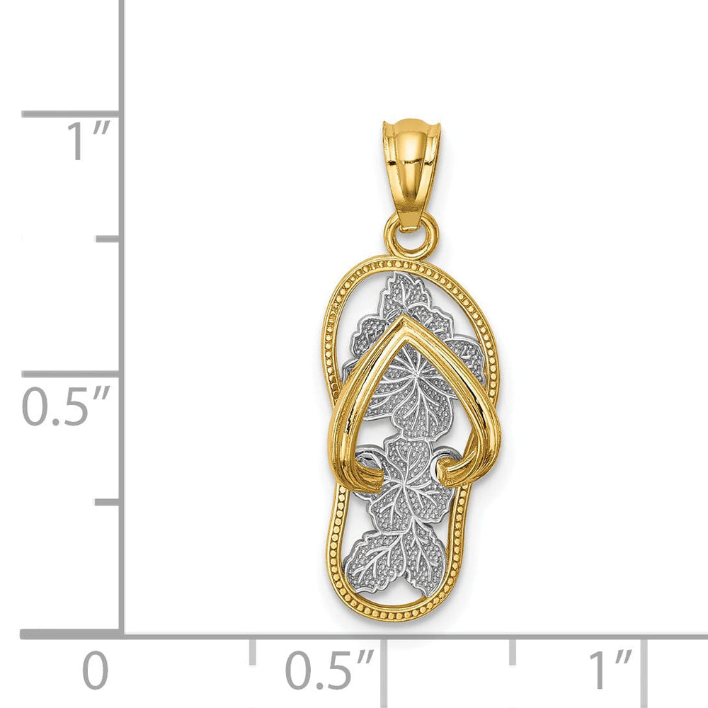 14k Yellow Gold, White Rhodium Polished Textured Finish Floral Design Single Flip Flop Sandle Charm Pendant