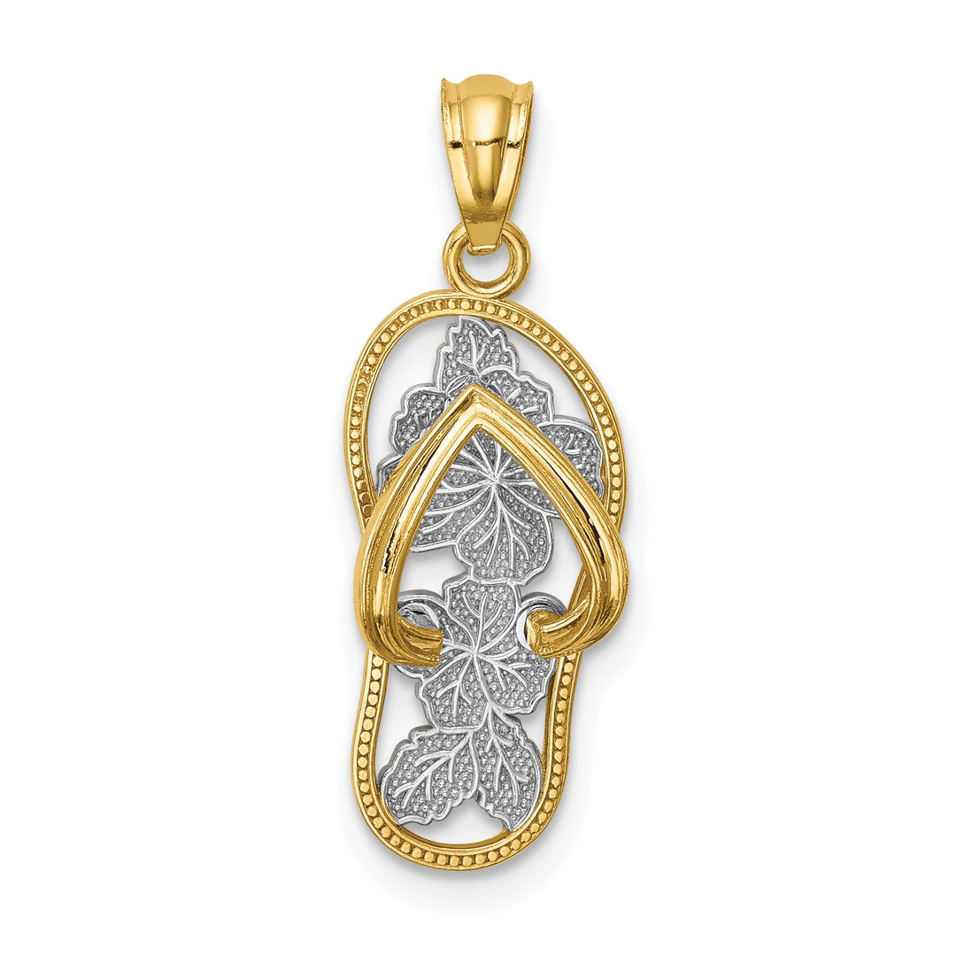 14k Yellow Gold, White Rhodium Polished Textured Finish Floral Design Single Flip Flop Sandle Charm Pendant