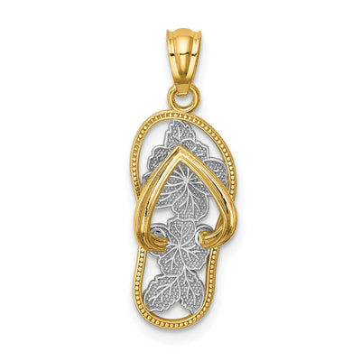 14k Yellow Gold, White Rhodium Polished Textured Finish Floral Design Single Flip Flop Sandle Charm Pendant at $ 104.07 only from Jewelryshopping.com