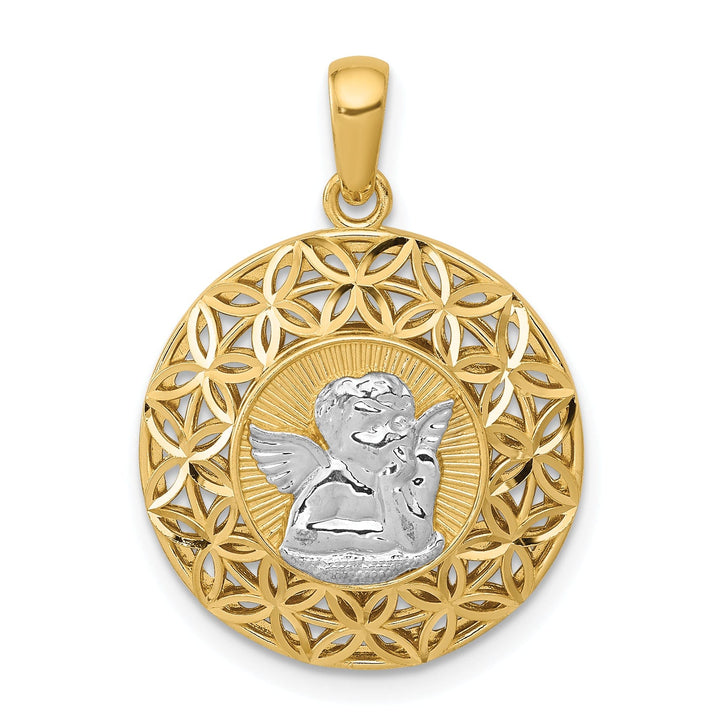 14k Yellow Gold Rhodium D.C Polished Filigree Guardian Angel Pendant