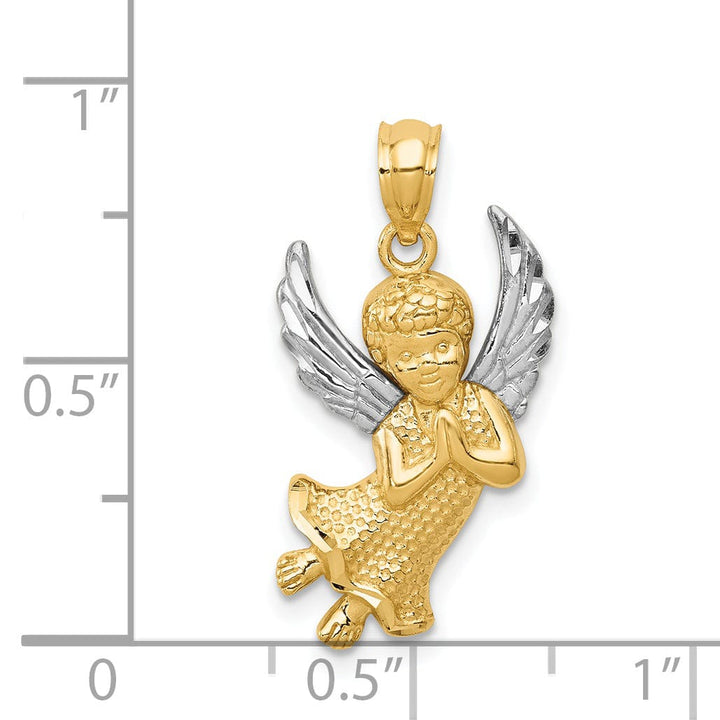 14k Yellow Gold White Rhodium D.C Finish Concave Praying Angel Pendant