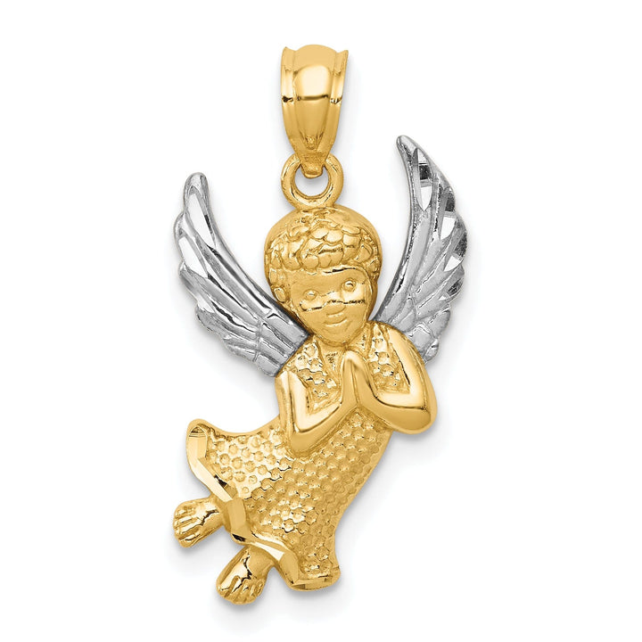 14k Yellow Gold White Rhodium D.C Finish Concave Praying Angel Pendant