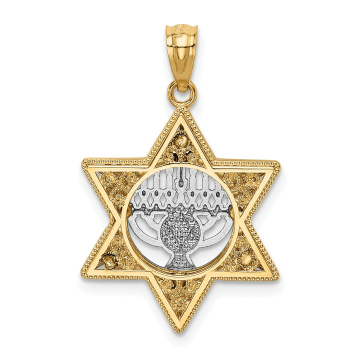 14K Yellow Gold Polish Texture Finish 3D Star Of David Menorah Pendant