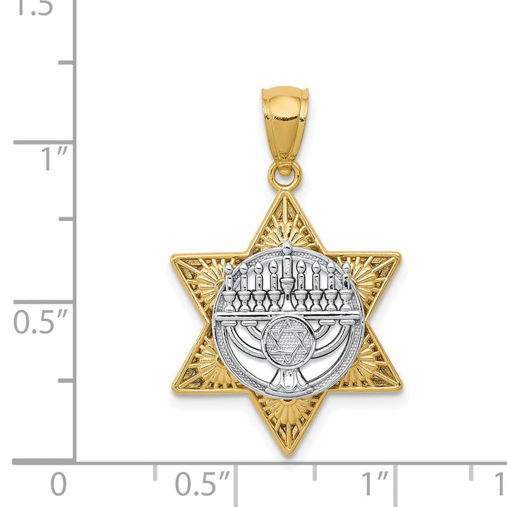 14K Yellow Gold Polish Texture Finish 3D Star Of David Menorah Pendant