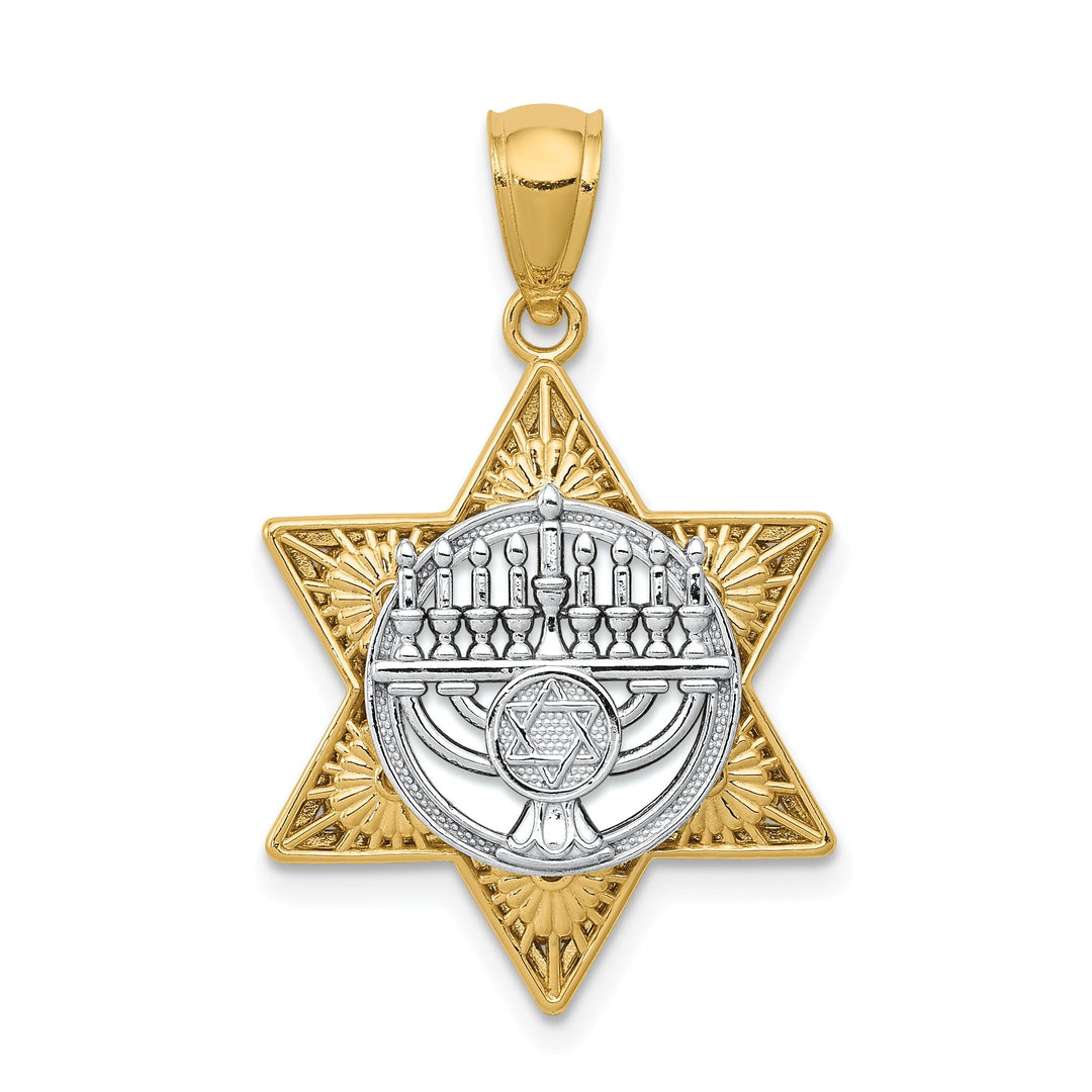 14K Yellow Gold Polish Texture Finish 3D Star Of David Menorah Pendant