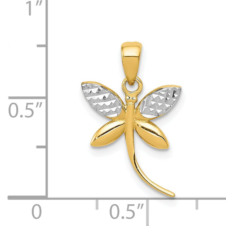 14k Yellow Gold White Rhodium Open Back Solid Polished Diamond Cut Finish Dragonfly Charm Pendant