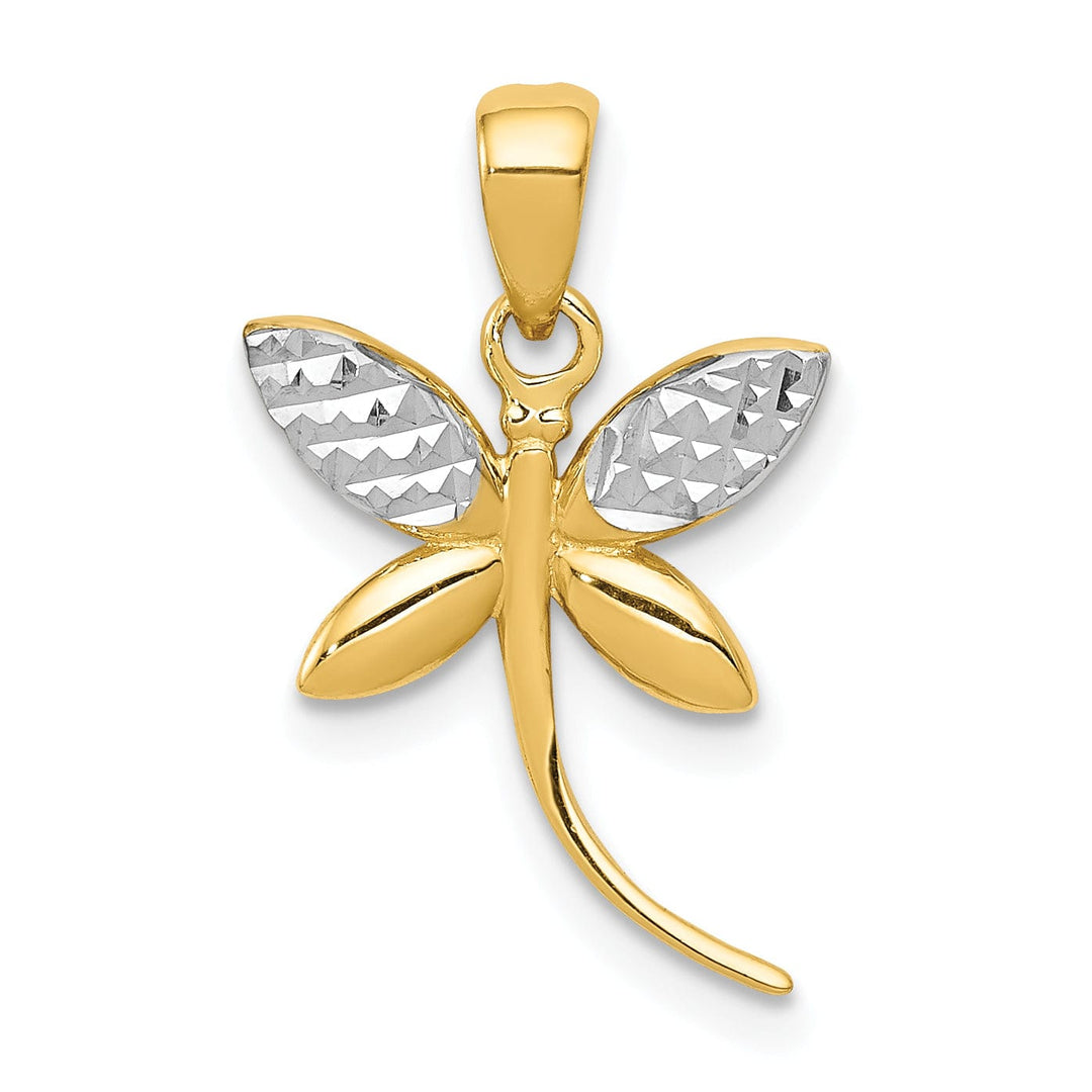 14k Yellow Gold White Rhodium Open Back Solid Polished Diamond Cut Finish Dragonfly Charm Pendant