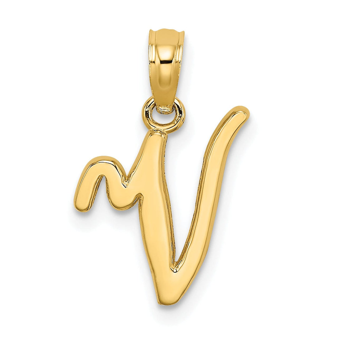 14K Yellow Gold Fancy Script Design Letter V Initial Charm Pendant