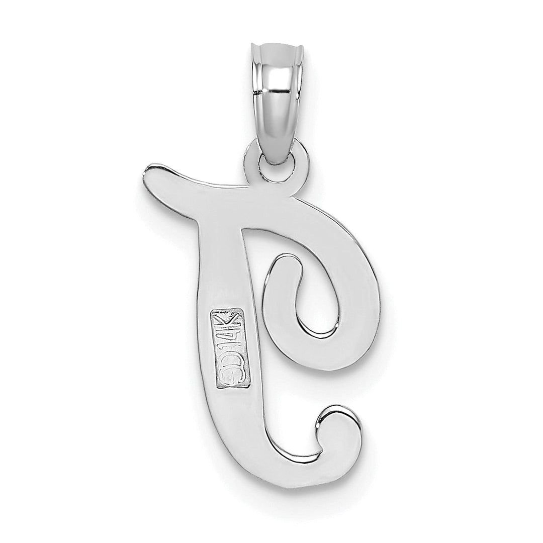 14K White Gold Fancy Script Design Letter T Initial Pendant