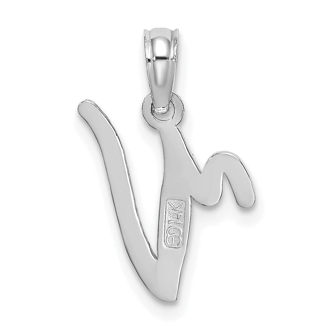 14K White Gold Fancy Script Design Letter V Initial Pendant