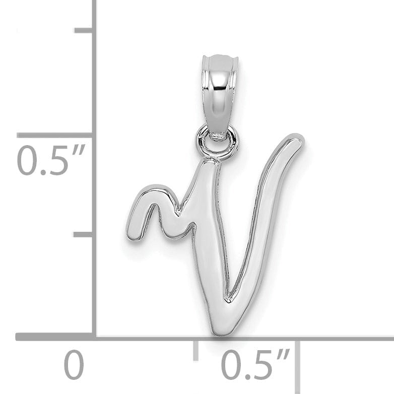 14K White Gold Fancy Script Design Letter V Initial Pendant