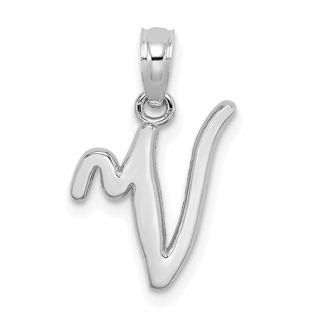 14K White Gold Fancy Script Design Letter V Initial Pendant