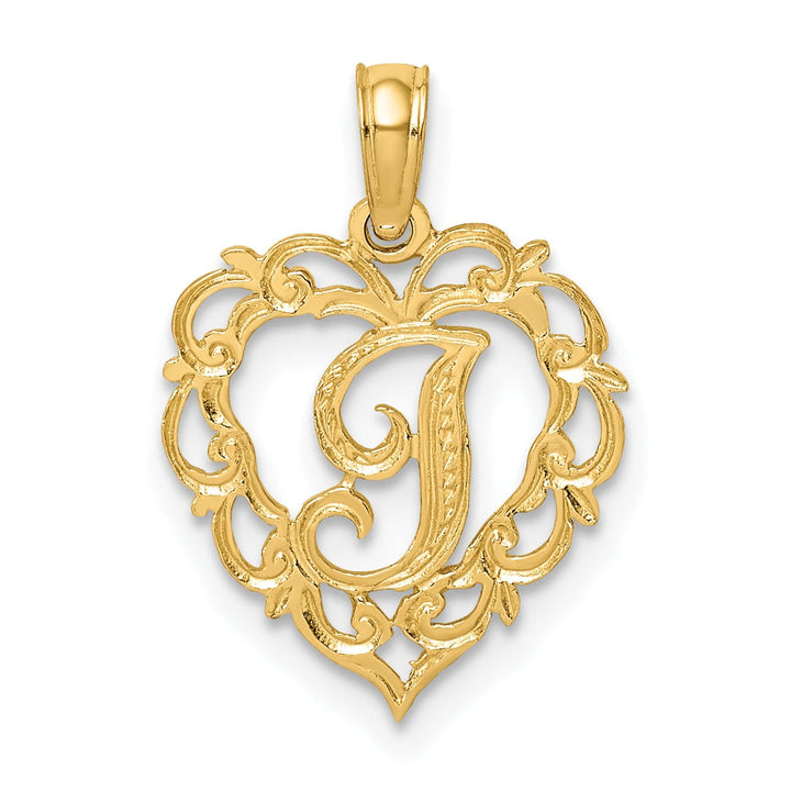 14K Yellow Gold Heart Shape Fancy Script Letter I Initial Charm Pendant