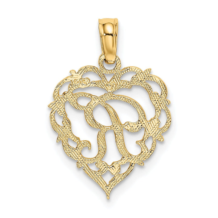 14K Yellow Gold Heart Shape Fancy Script Letter R Initial Charm Pendant