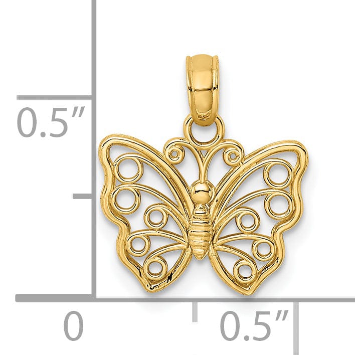 14K Yellow Gold Open Back Textured Solid Polished Finish Cut-Out Small Butterfly Charm Pendant