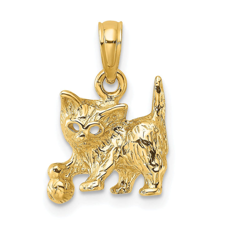 14k Yellow Gold Open Back Textured Polished Finish Cat Playing with Ball Design Charm Pendant