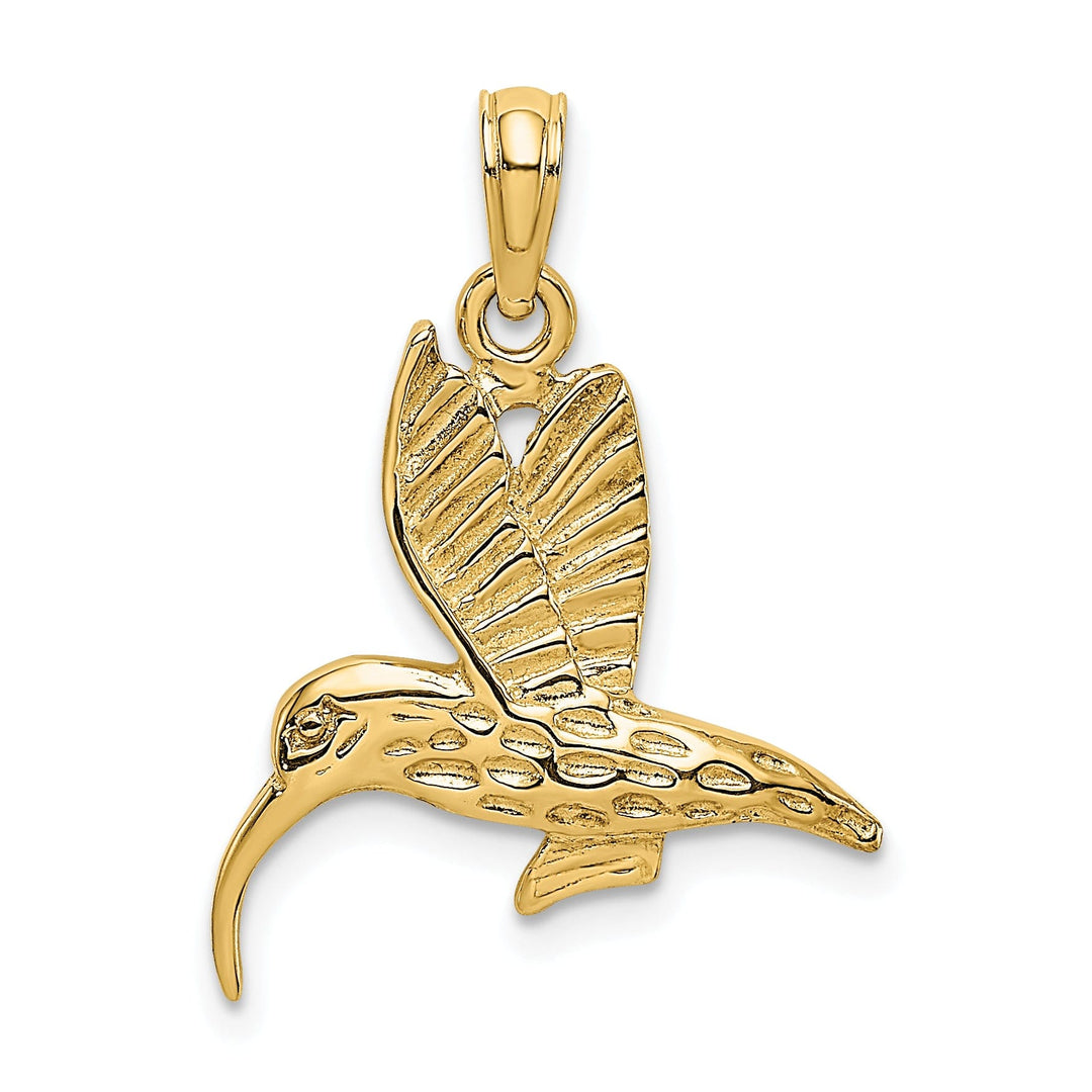 14K Yellow Gold Open Back Textured Polished Finish Hummingbird Flying Charm Pendant