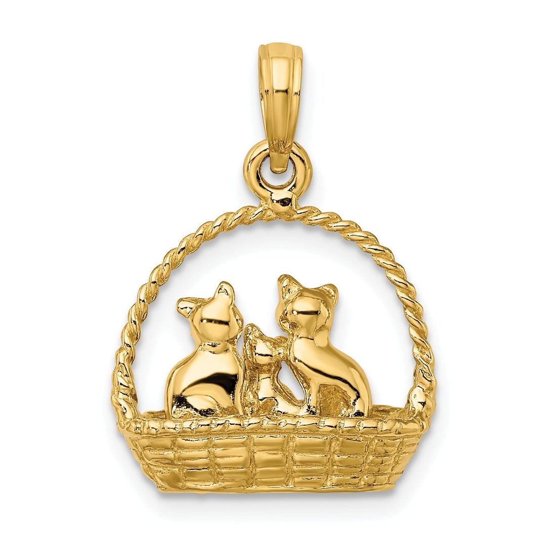 14K Yellow Gold Polished Finish 3-Dimensional Cats Inside Of a Basket Design Charm Pendant