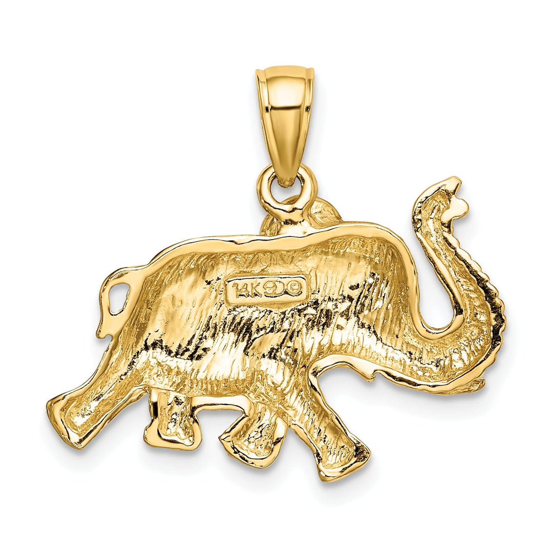 14K Yellow Gold Polished Finish 2-Dimensional Elephant Running with Raised Trunk Charm Pendant