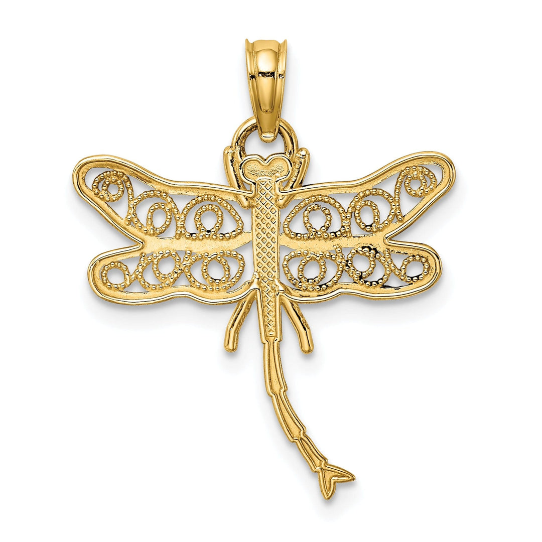 14k Yellow Gold Open Back Solid Polished Finish With Beaded Filigree Wings Design Dragonfly Charm Pendant