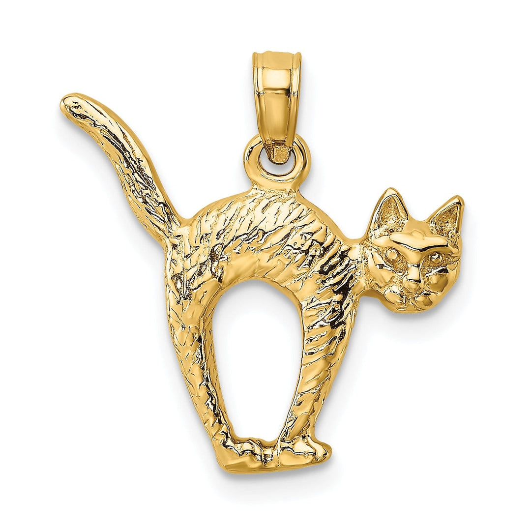 14K Yellow Gold Textured Polished Finish 3-Dimensional Arch Back and Raised Tail Cat Charm Pendant