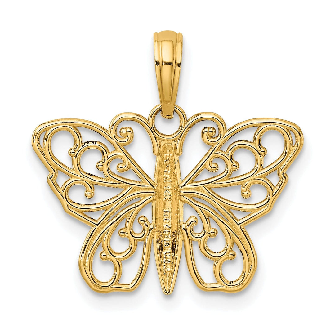 14K Yellow Gold Open Back Filigree Solid Polished Finish Butterfly Charm Pendant