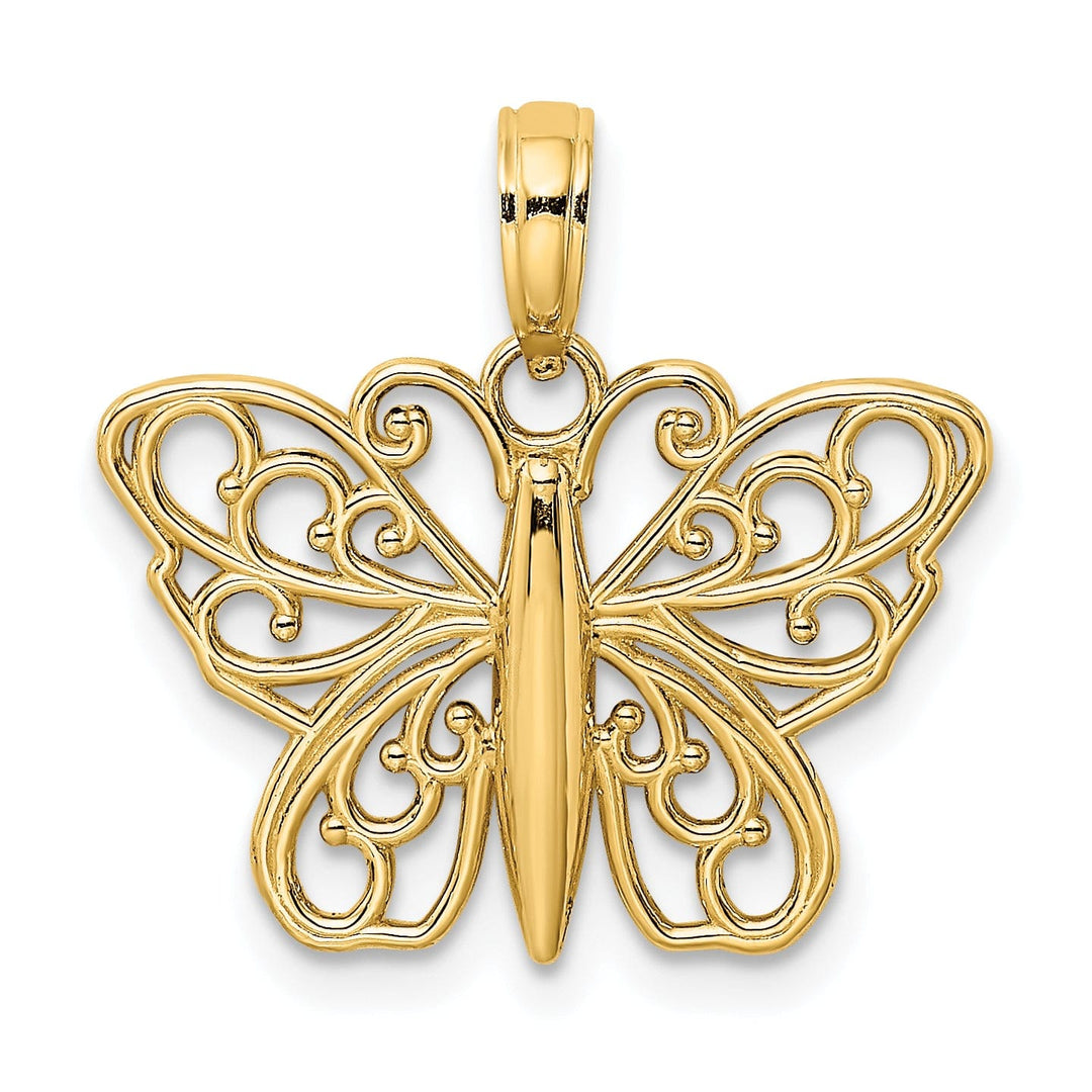 14K Yellow Gold Open Back Filigree Solid Polished Finish Butterfly Charm Pendant