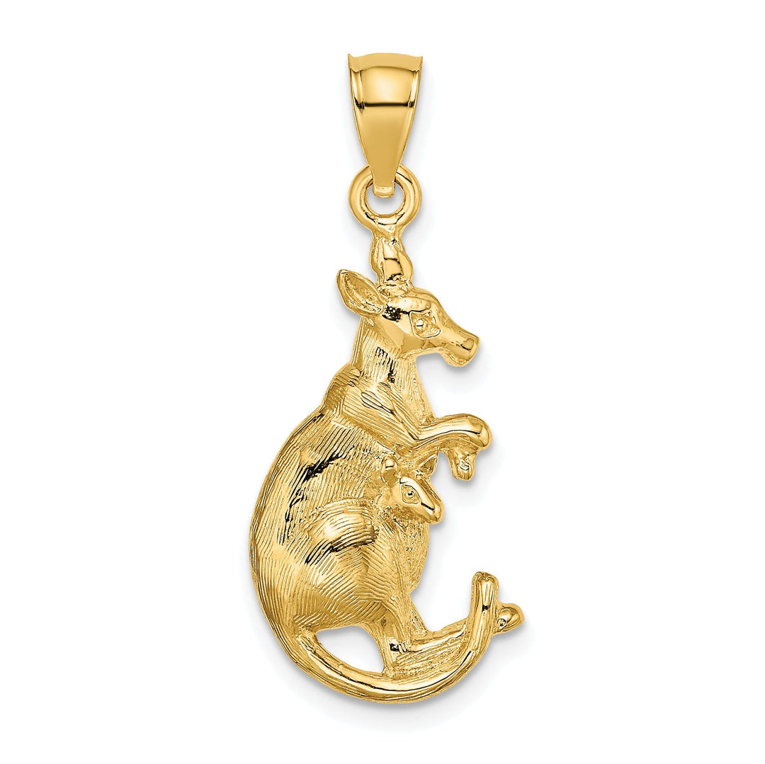 14K Yellow Gold Polished Finish 2-Dimensional Kangaroo with Baby in Pouch Design Charm Pendant