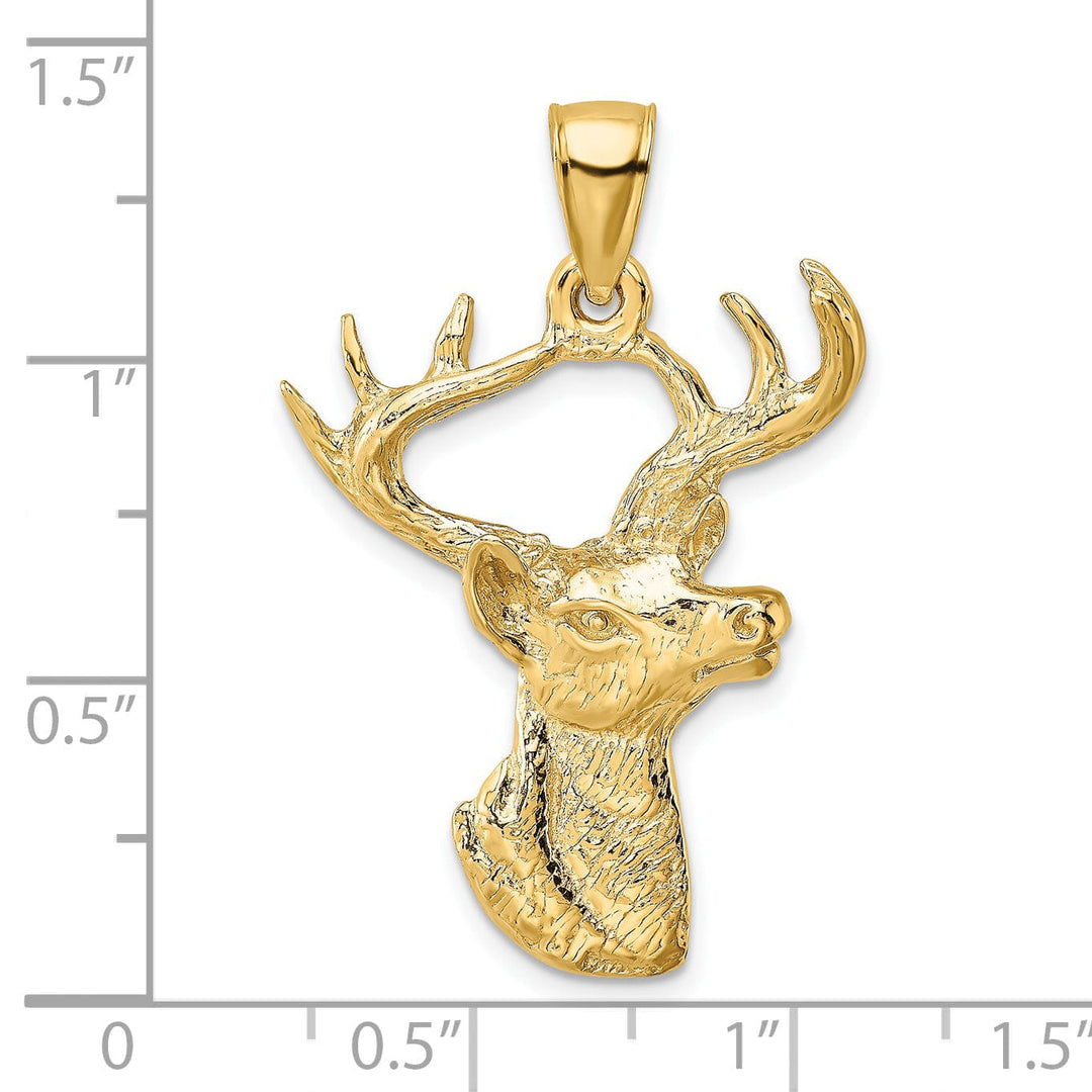 14K Yellow Gold Polished Finish 2-Dimensional Deer Head with Antlers Design Charm Pendant