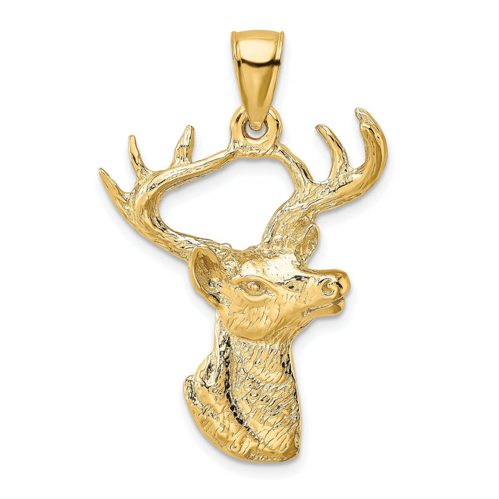 14K Yellow Gold Polished Finish 2-Dimensional Deer Head with Antlers Design Charm Pendant