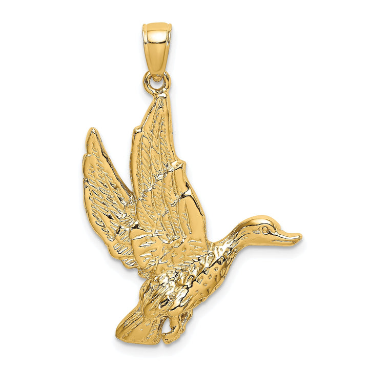 14K Yellow Gold Open Back Textured Polished Finish Flying Mallard Duck Charm Pendant