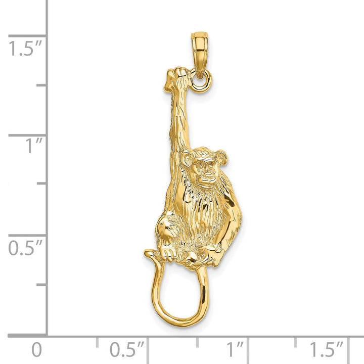 14K Yellow Gold Polished Textured Finish 2-Dimensional Hanging Monkey Design Charm Pendant