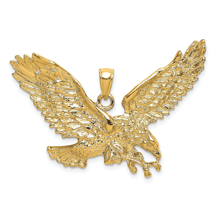 14K Yellow Gold Textured Polished Finish Flat Back Eagle With Beak Touching Claws Charm Pendant
