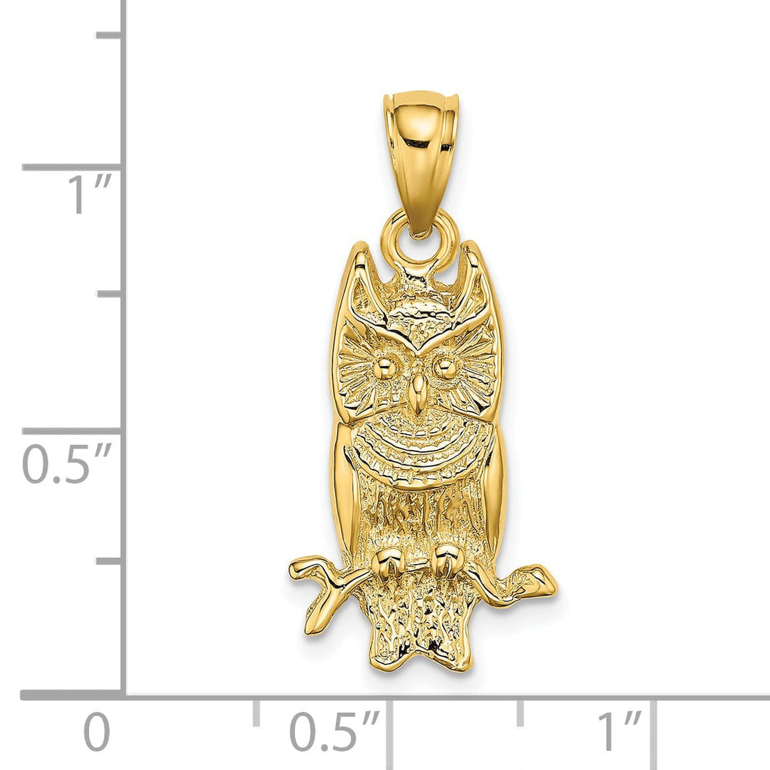 14K Yellow Gold Polished Textured Finish Concave Shape Owl on Branch Charm Pendant