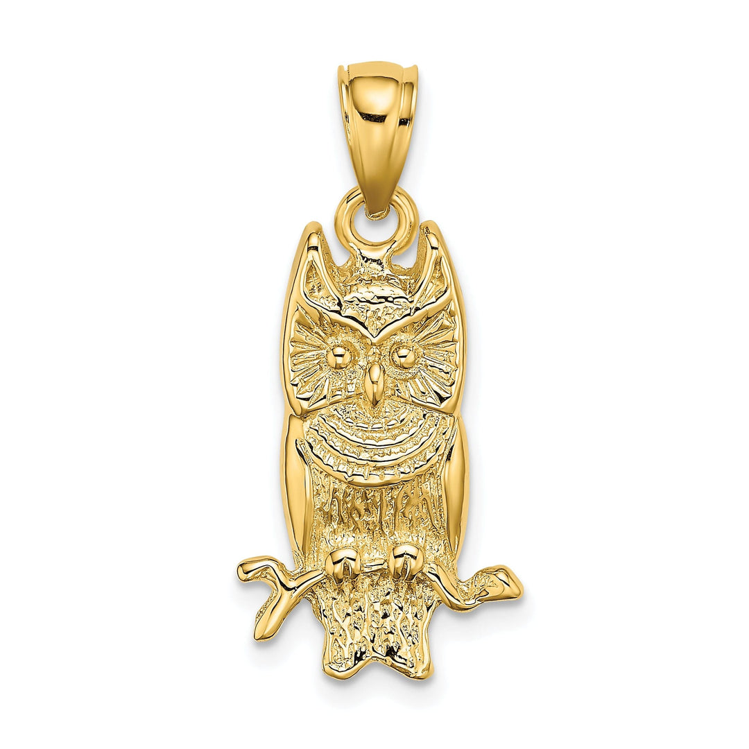 14K Yellow Gold Polished Textured Finish Concave Shape Owl on Branch Charm Pendant