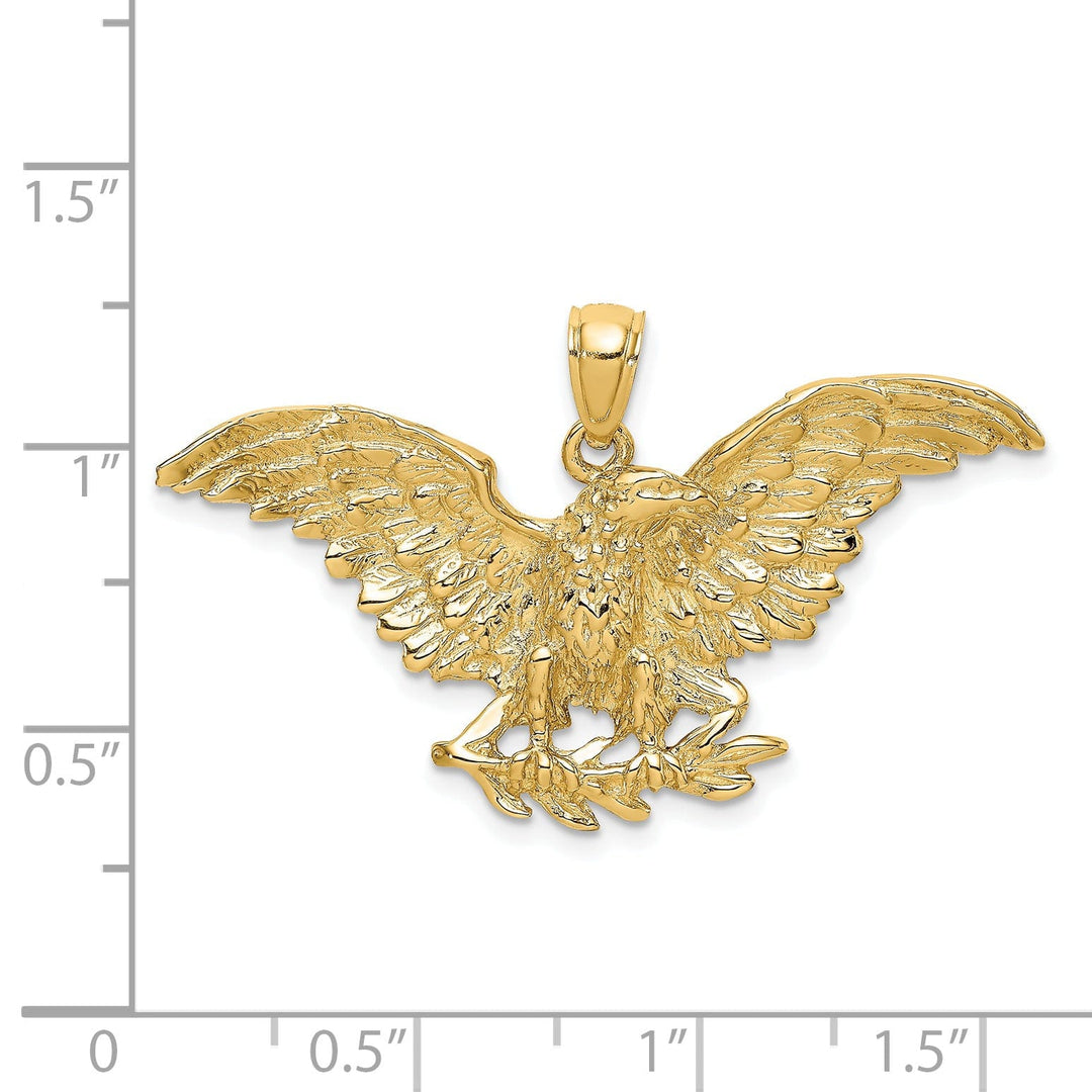 14K Yellow Gold Textured Polished Finish Open Back Eagle Wings Spread Open Holding Branch Design Charm Pendant
