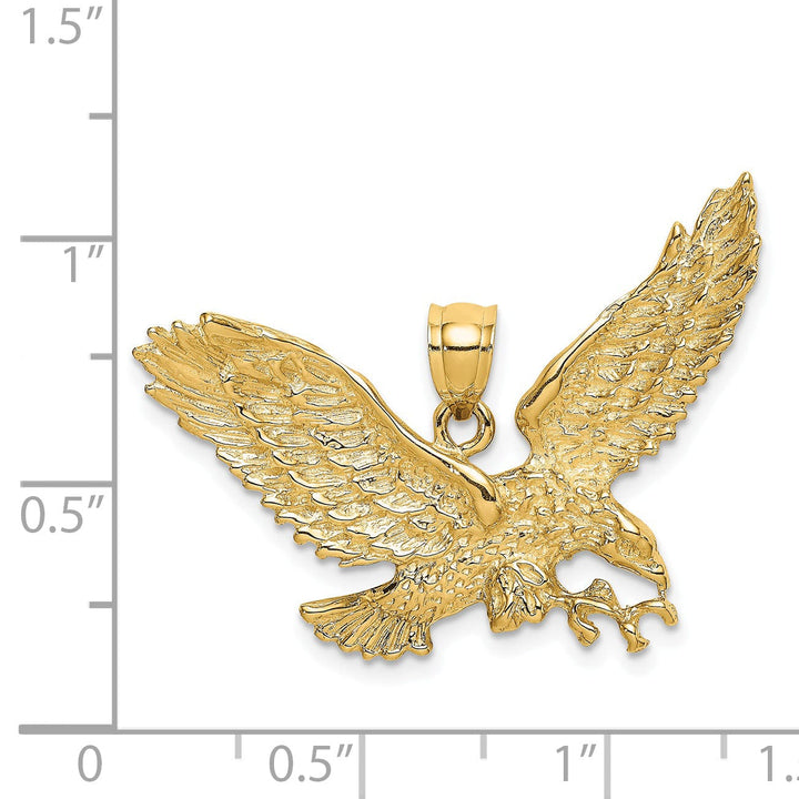 14K Yellow Gold Textured Polished Finish Eagle With Beak Touching Claws Charm Pendant