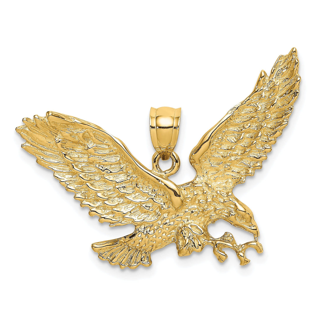 14K Yellow Gold Textured Polished Finish Eagle With Beak Touching Claws Charm Pendant