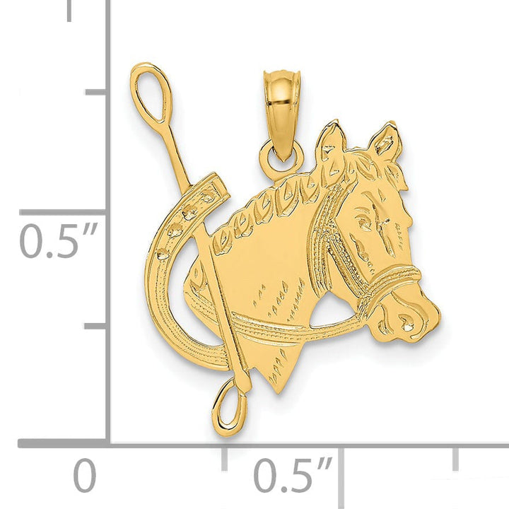 14K Yellow Gold Polished Textured Finish Horse Head with Good Luck Shoe Charm Pendant