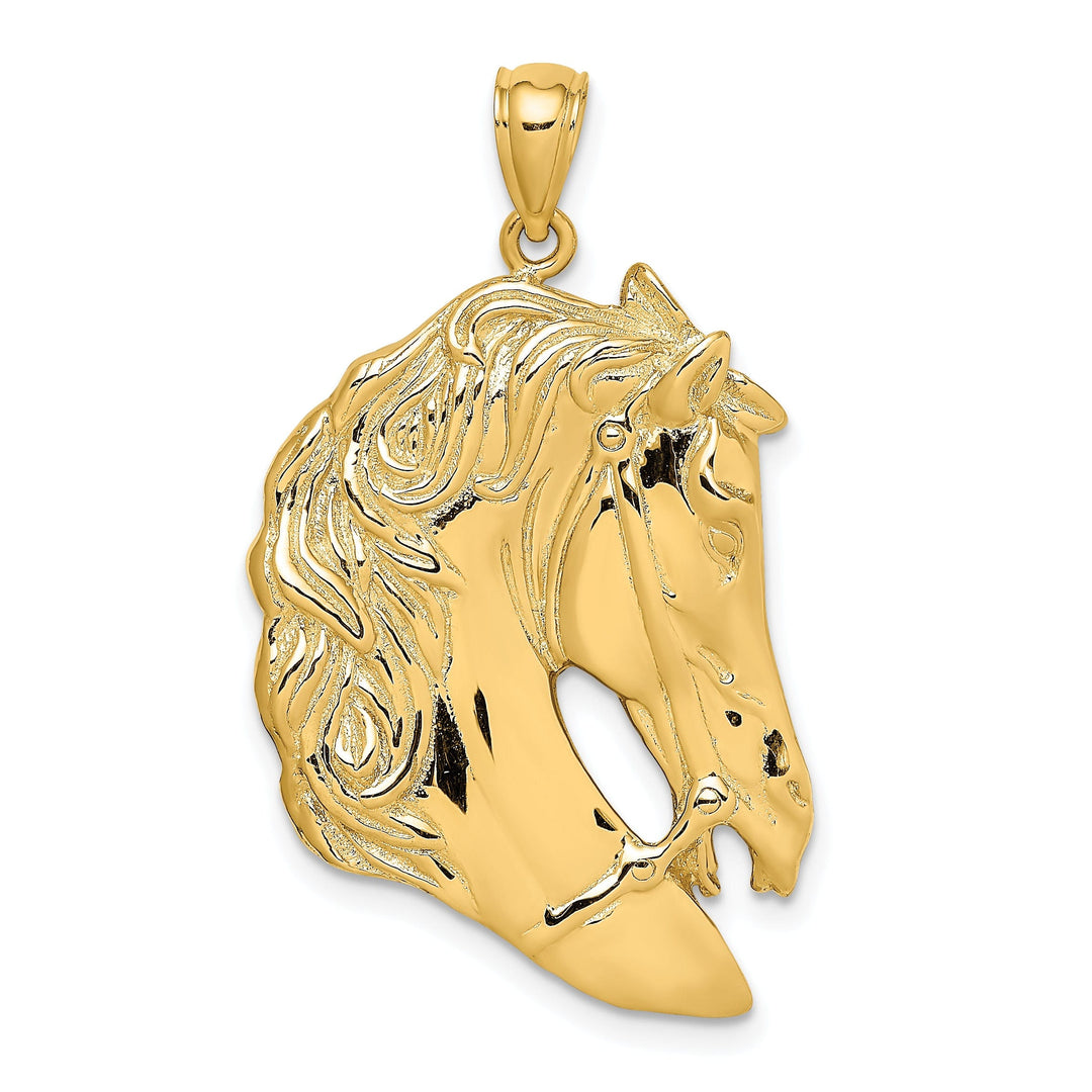 14K Yellow Gold Polished Texture Finish Horse Head with Long Mane Charm Pendant